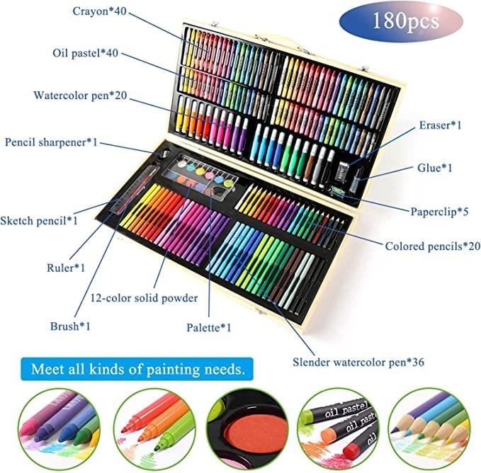 RoyalCart Art Set 180 Piece Deluxe, Painting Drawing Kit with Oil Pastels  Crayons Colored Pencils Acrylic Paint Mega Supplies in Wooden Case for